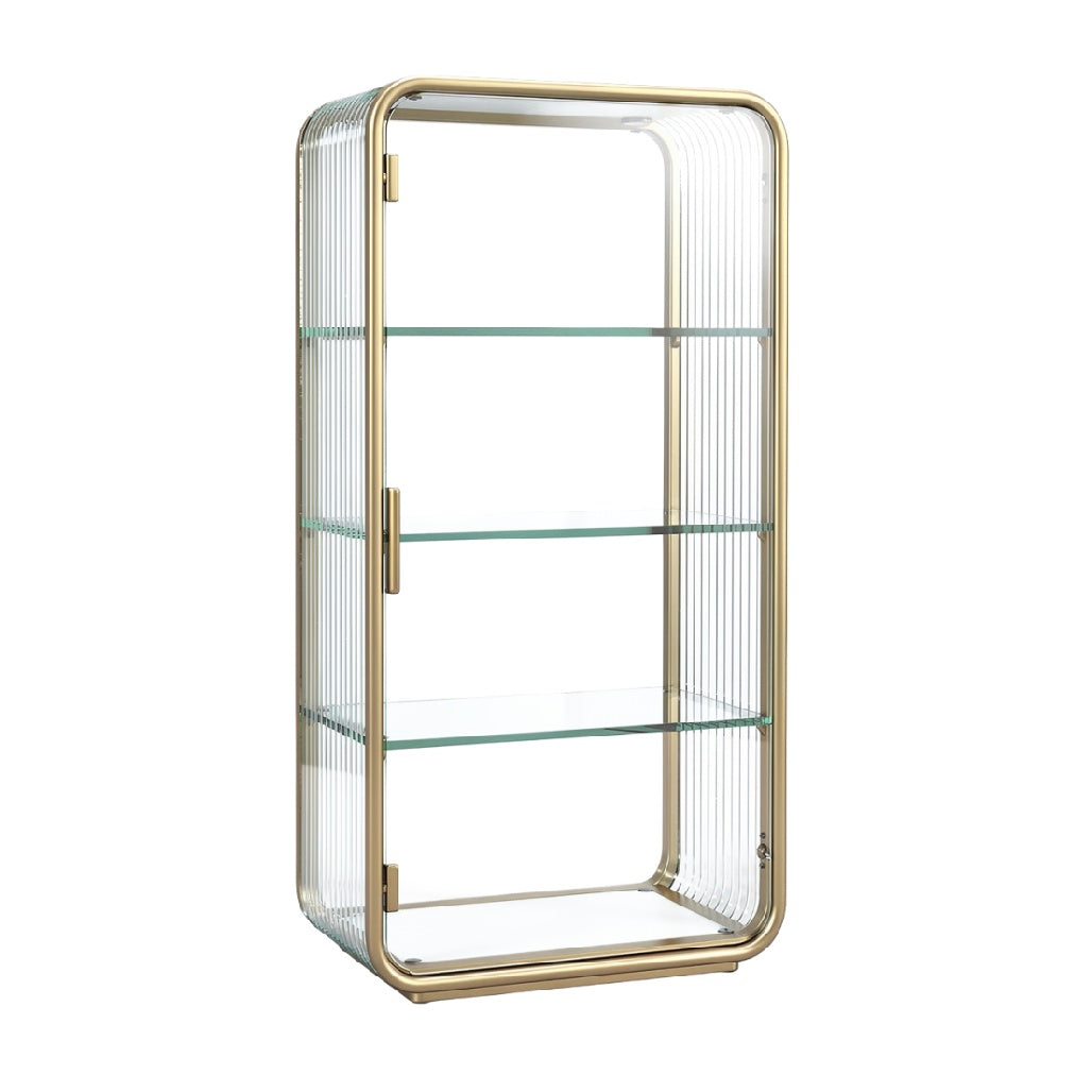 "Moderne Glazen Vitrine met Gouden Accenten en Drie Planken"