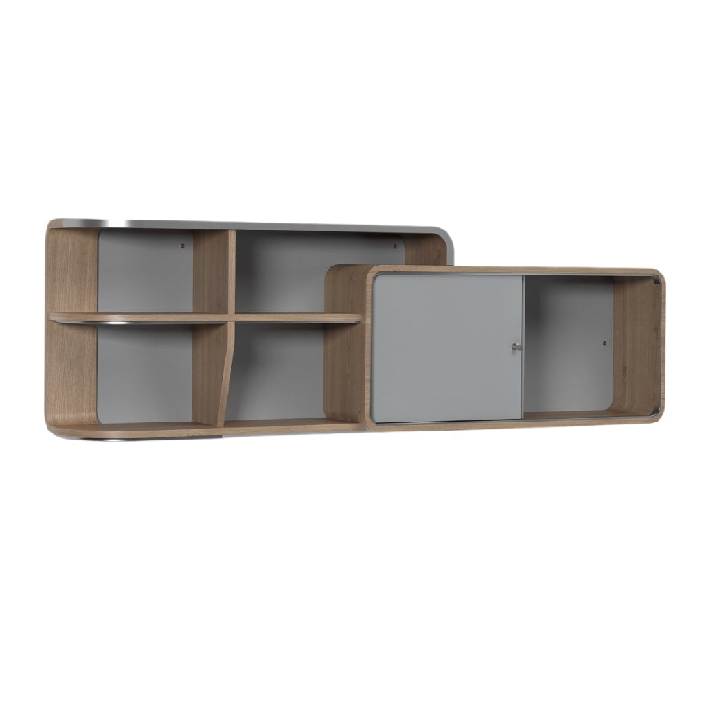 Moderne wandplank met opbergruimte in hout en grijs.