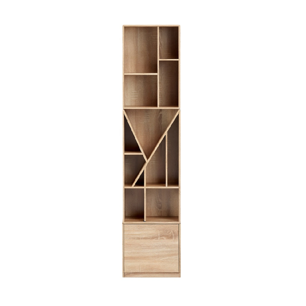 **Moderne houten boekenkast met geometrische vakken en lade**